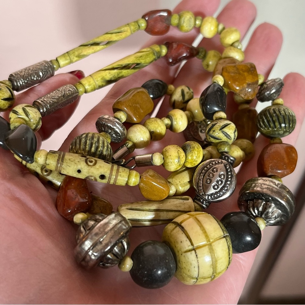 Vintage Native American Jasper Bone Green Boho Southwestern Beaded Long Necklace